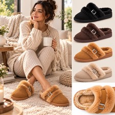 Womens Faux Suede Slippers Fur Lined Buckle Clogs Mules Warm Winter Shoes UK 3-8