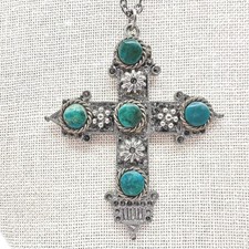 Vintage 90s Silver Tone Turquoise Cross Pendant Necklace Women's Fashion Jewelry