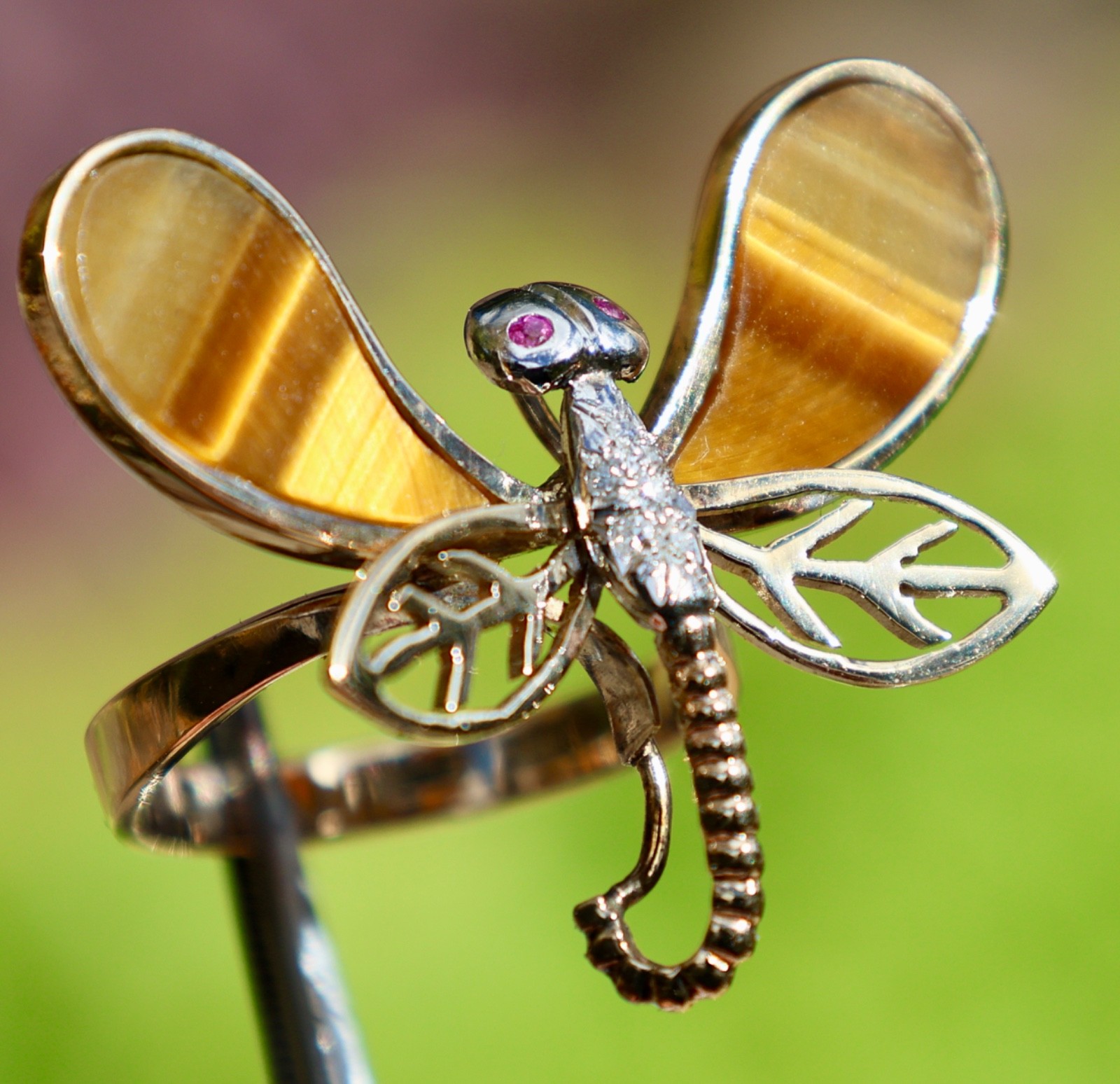 14K SOLID YELLOW GOLD DIAMOND RUBY TIGER EYE DRAG… - image 1