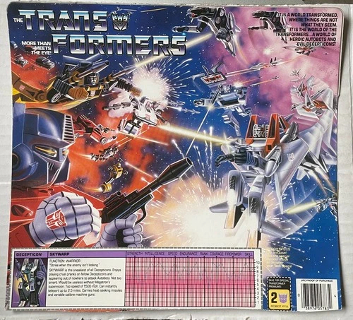 Vintage G1 Skywarp Transformers back of box information card