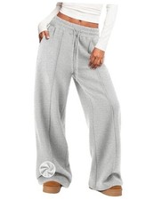 Womens Wide Leg Sweatpants Fleece Lined Baggy Pants Drawstring Medium Grey