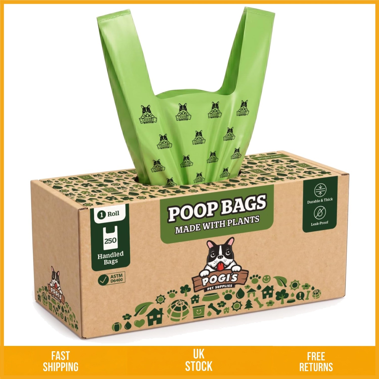 Eco Friendly Compostable Leak Proof Plant Based Dog Poop Bags Handles 250ct