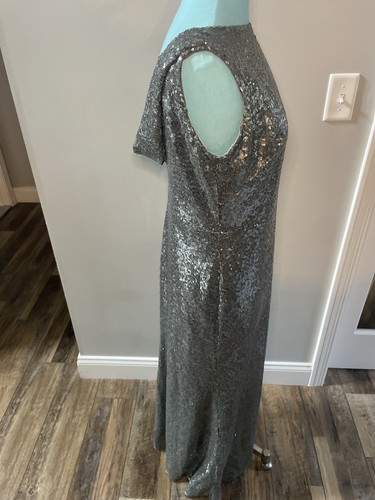 Dessy Collection Women’s Silver Sequin Gown Maxi Dress Front Slit Cowl Back - Picture 5 of 9