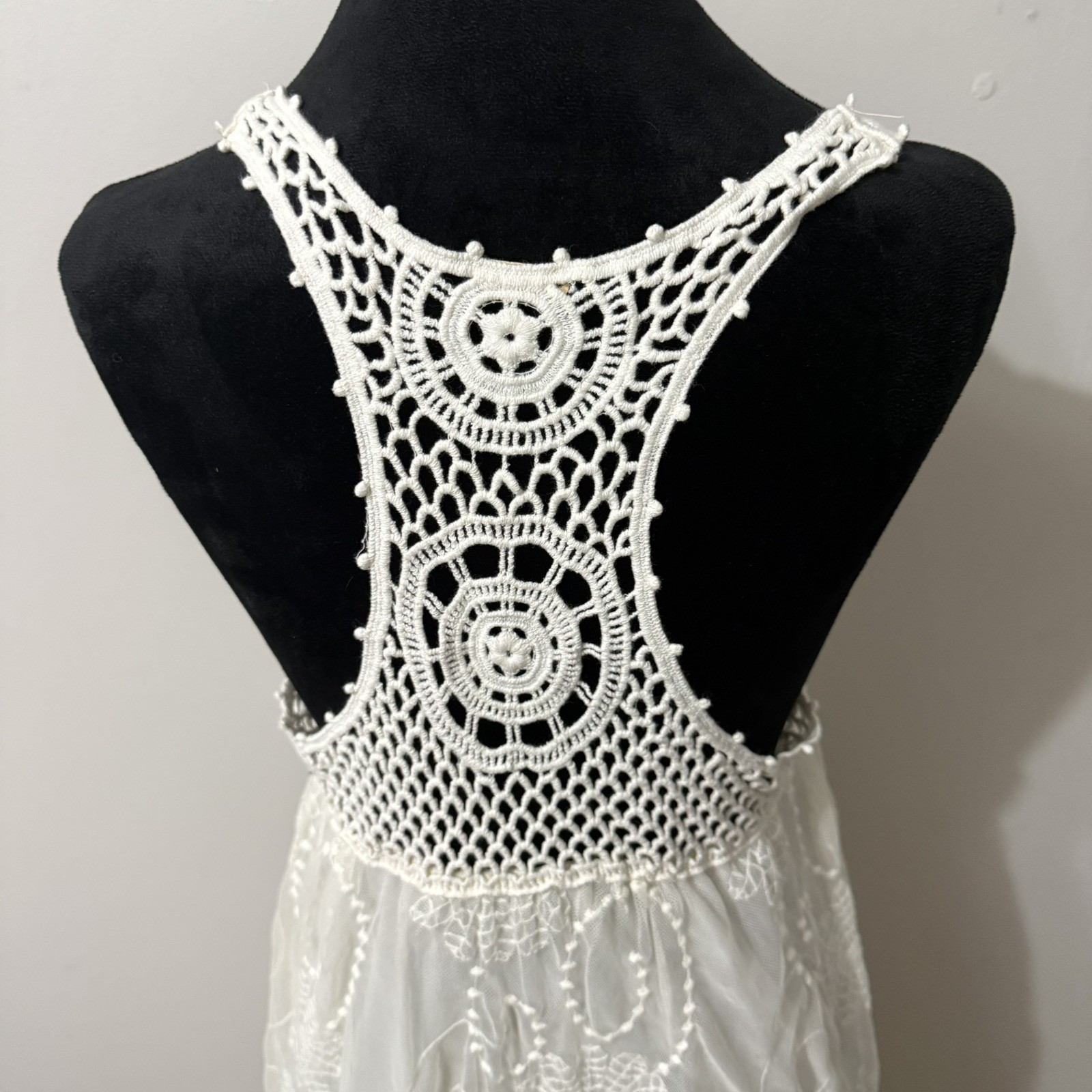 Off White Crochet Beach Cover Up Boho Dress Sleeveless Sheer Lace medium Fairy  thumbnail 4