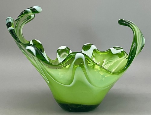 Vintage Stretched Hand Blown Art Glass WAVE Bowl Green & White Swirl 12" - Picture 7 of 18