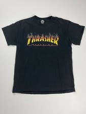 Y2K Thrasher Skateboard Magazine T-Shirt Black Orange Print Red Medium EUC Skate
