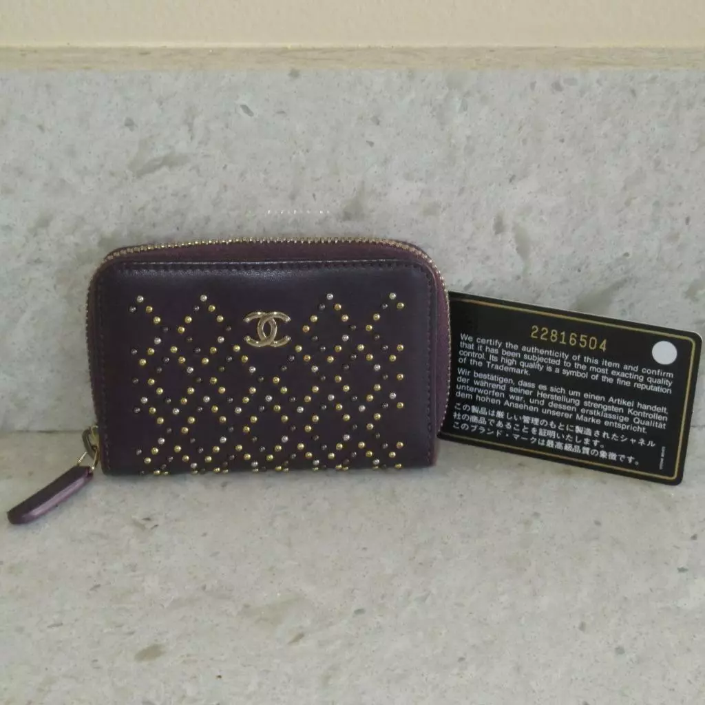 Chanel Purple Lambskin Gold Silver Studs Zip Card Holder Wallet O-Coin Purse