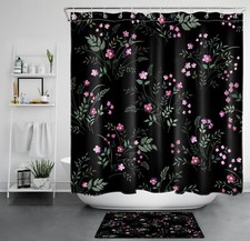 Summer Green Leaf Pink Wildflower Black Shower Curtain Bathroom Accessories Set