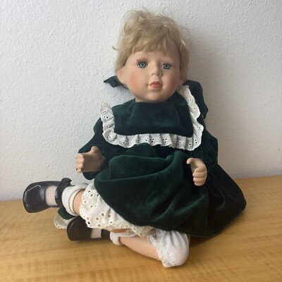 Porcelain Doll Vintage Sitting Blonde Hair Green Velvet Dress | eBay