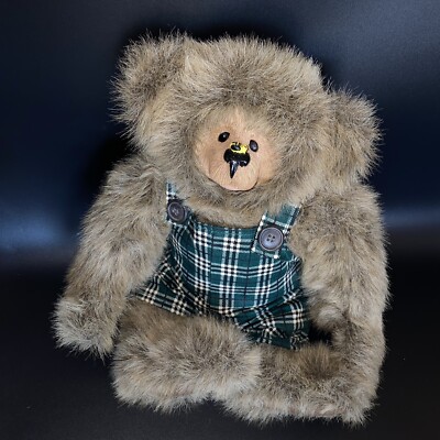 Artist Teddy Bear Painted Resin Face Bumble Bee On Nose Jointed Plaid Overalls
