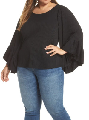 Lost Ink BLACK Plus Size Ribbed Ruffle Sleeve Top, US 2X, UK 2X