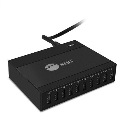 SIIG 60W 10-Port USB Charger with Fast Charge 2.4A Oversurge Protection - Black