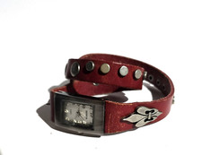 NEW GENEVA RED BURGANDY WRAP AROUND AGED SILVER STUDS,FLEUR-DE-LIS LEATHER WATCH