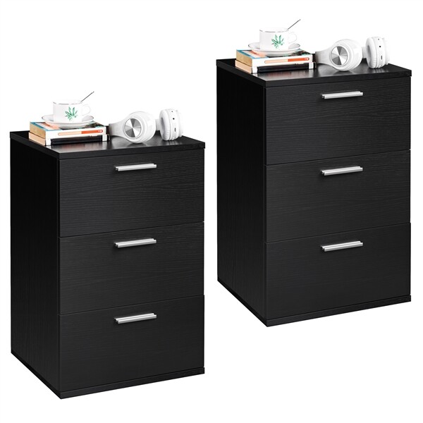 2pcs Mesita de Noche Mesa de Auxiliar Mesilla de Noche con 3 Cajones Negro