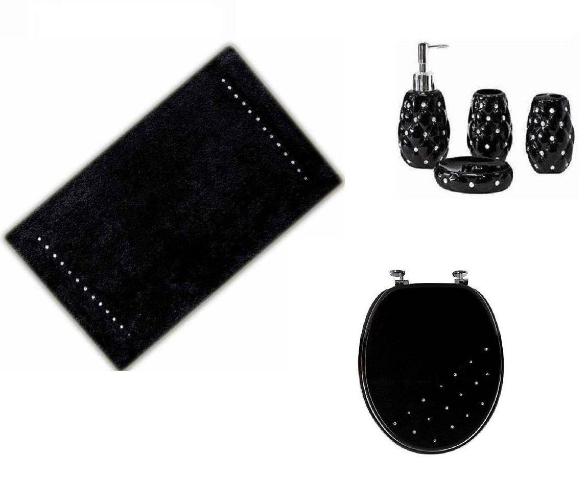 DIAMANTE WOODEN MDF WC TOILET SEAT / BATHROOM MAT / ACCESSORY SET WHITE