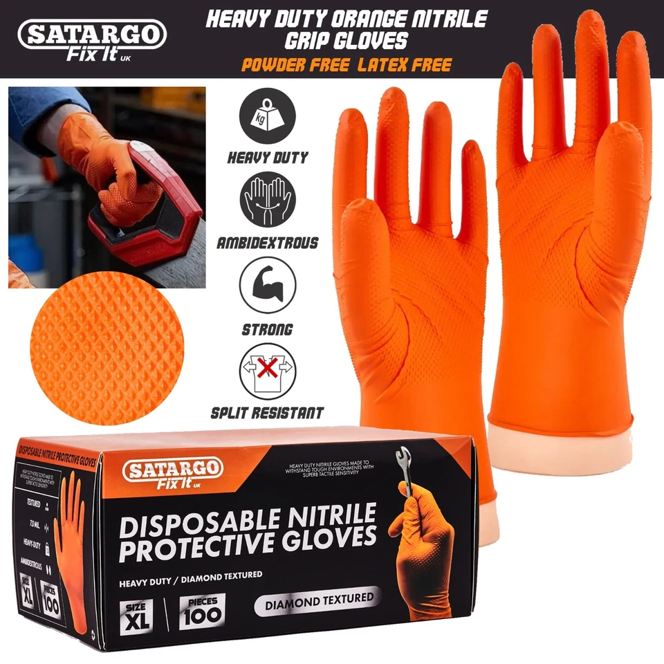 SATARGO Heavy Duty Thick Nitrile Gloves Orange Diamond Grip Mechanic Tattoo Disposable