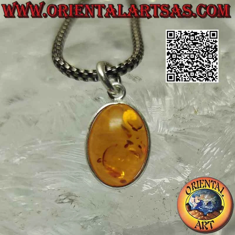 Ciondolo in argento 925‰ con ambra baltica naturale ovale con bordo liscio - Immagine 4 di 4