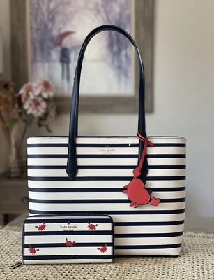 Kate Spade Marlee Large Top Zip Shoulder Tote Parisian Navy Stripe 