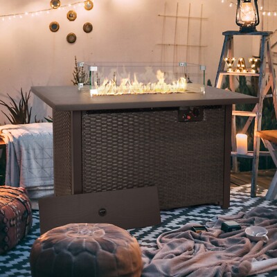 Fire Pit Table 42'' Outdoor Patio Propane Fire Pit with Tempered Glass Wind Guard
