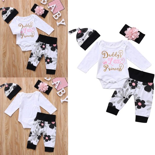 4PCS Newborn Baby Girl Romper Bodysuit Pants Hat Headband Clothes Outfits Set - Picture 2 of 13