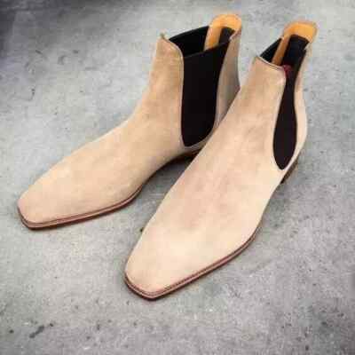 Handmade Suede Chelsea Boots for Men, Beige Casual Chelsea Ankle Boots For Men
