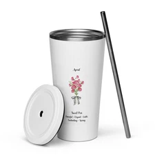April Sweet Pea Insulated Drink Tumbler Lid Metal Straw 20 oz Pink Flower Bunch