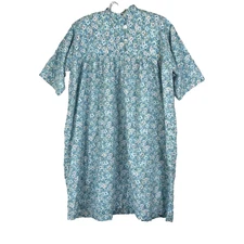 Women's House Dress Handmade Blue Floral Short Sleeve Midi Cottage Prairie