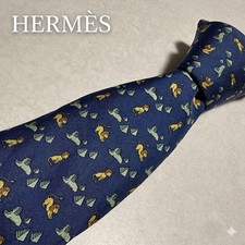 HERMES PARIS Silk Tie Navy Elephants Pattern MMC excellent gift