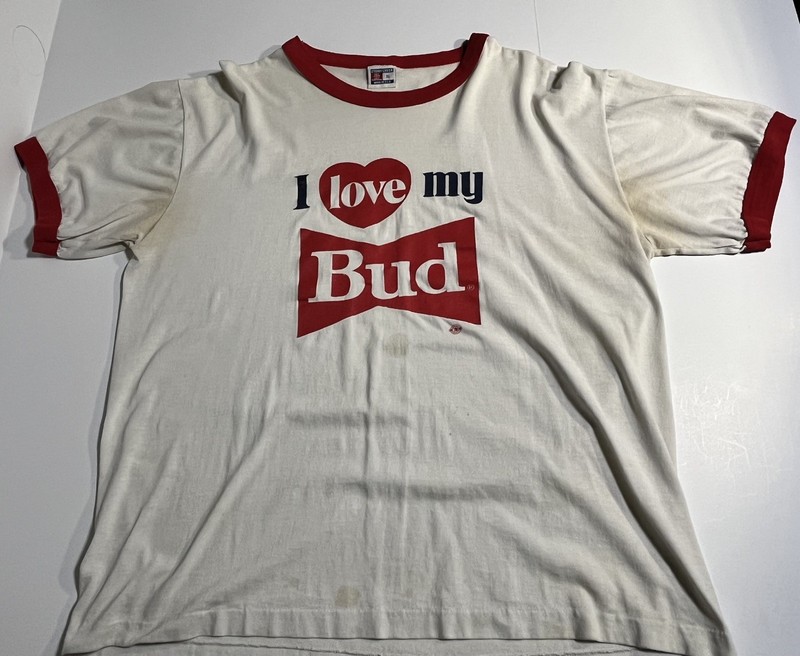 Vintage 70s 80s I Love My Bud Budweiser Ringer T-Shirt Shirt USA Medium Weed 420