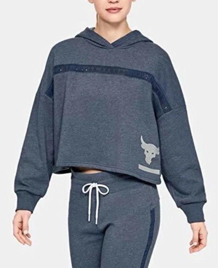 Under Armour Women's Project Rock Taped Fleece Hoodie Size XL Blue 1346014 NWT
