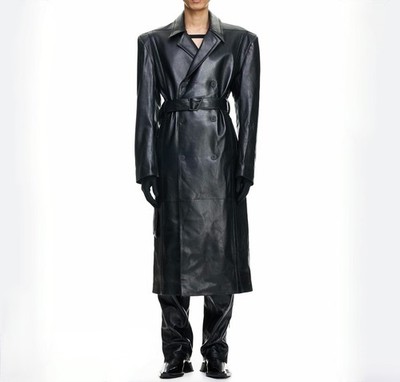Thierry Mugler x H&M sz L leather trench coat jacket belted long unisex