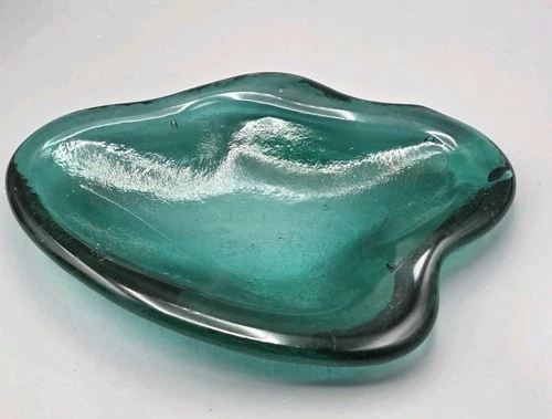 Blenko Teal Green Ameoba Irregular Shaped Glass Shallow Bowl Dish Bubbles READ
