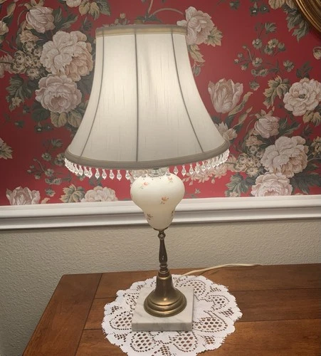 Vtg Pink Floral Milk Glass Pedestal Lamp Brass Marble Base Shade Beaded Fringe