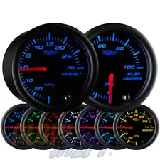 GlowShift 52mm Black 7 Color Boost/Vacuum + 100PSI Fuel Pressure Gauge Set