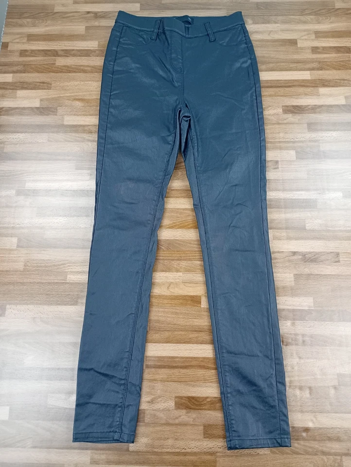 Next Faux Leather Jeans Black Tapered Leg Trousers Size UK 10 L Stretchy EU 38 - Image 2 of 4