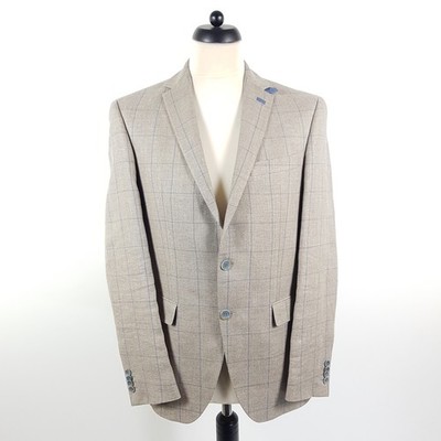 Barutti Sakko Herren Gr. 48 Beige Blau Kariert Tailored Fit Leinen Wolle Jackett