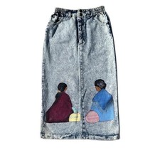 Vintage 80s Native Hand Painted Denim Maxi Skirt