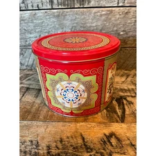 Vintage Decorative Red Metal Tin Canister Ornate Floral Storage Container