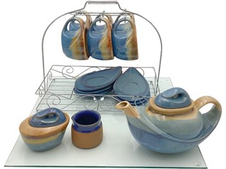 Rare Cornish Coastal Studio Pottery Tea Set Blue Drip Glaze Collectable TH3