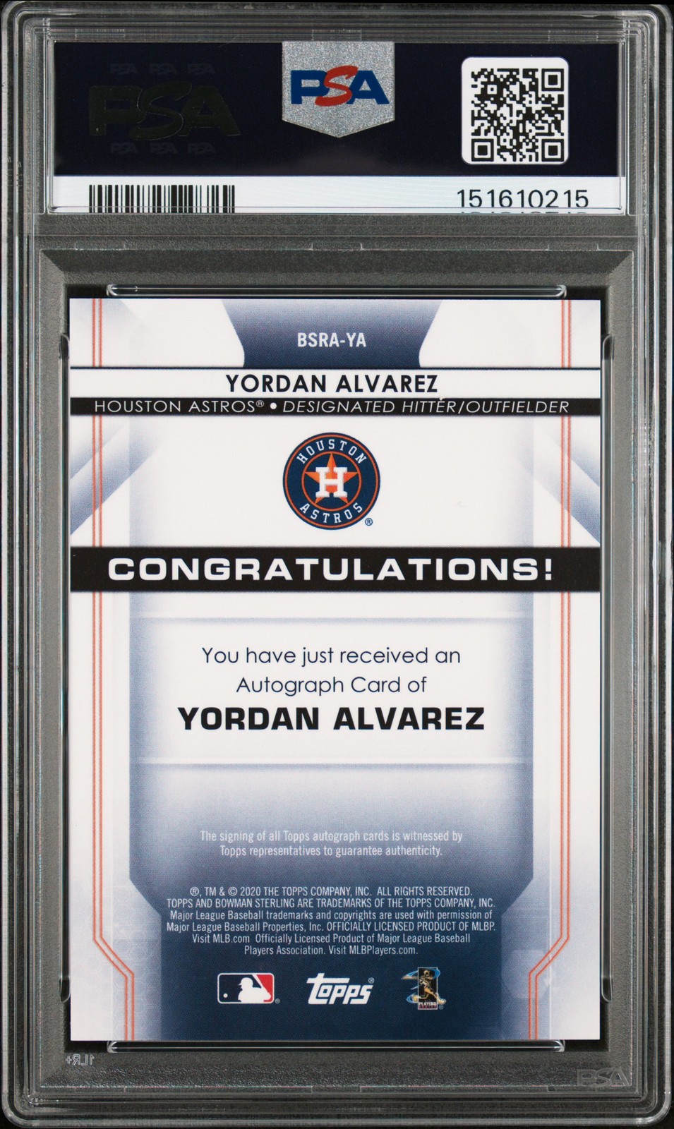 2020 BOWMAN STERLING ROOKIE AUTO BLUE #YA YORDAN ALVAREZ RC /25 PSA 10 AUTO view 2