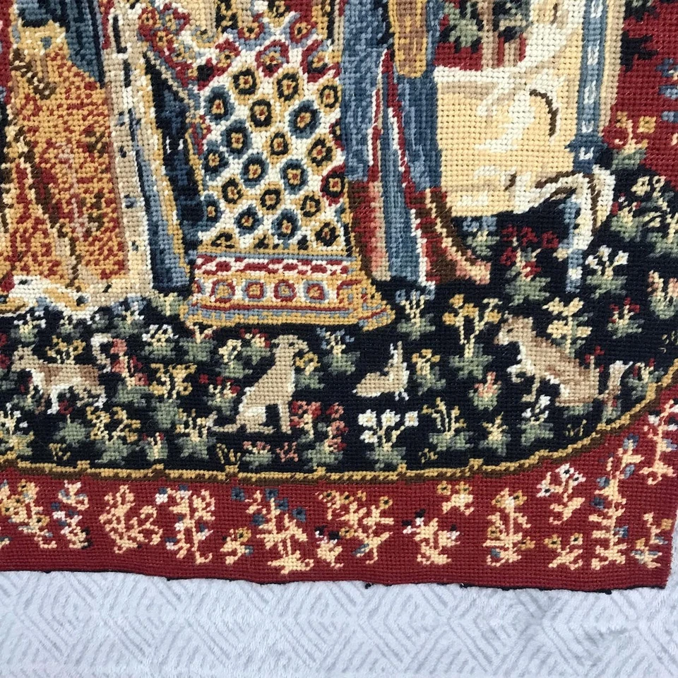 Vintage Tapisserie La Dame à la Licorne L’Ouïe Scène Médiévale France 62x50 cm - Photo 2/4