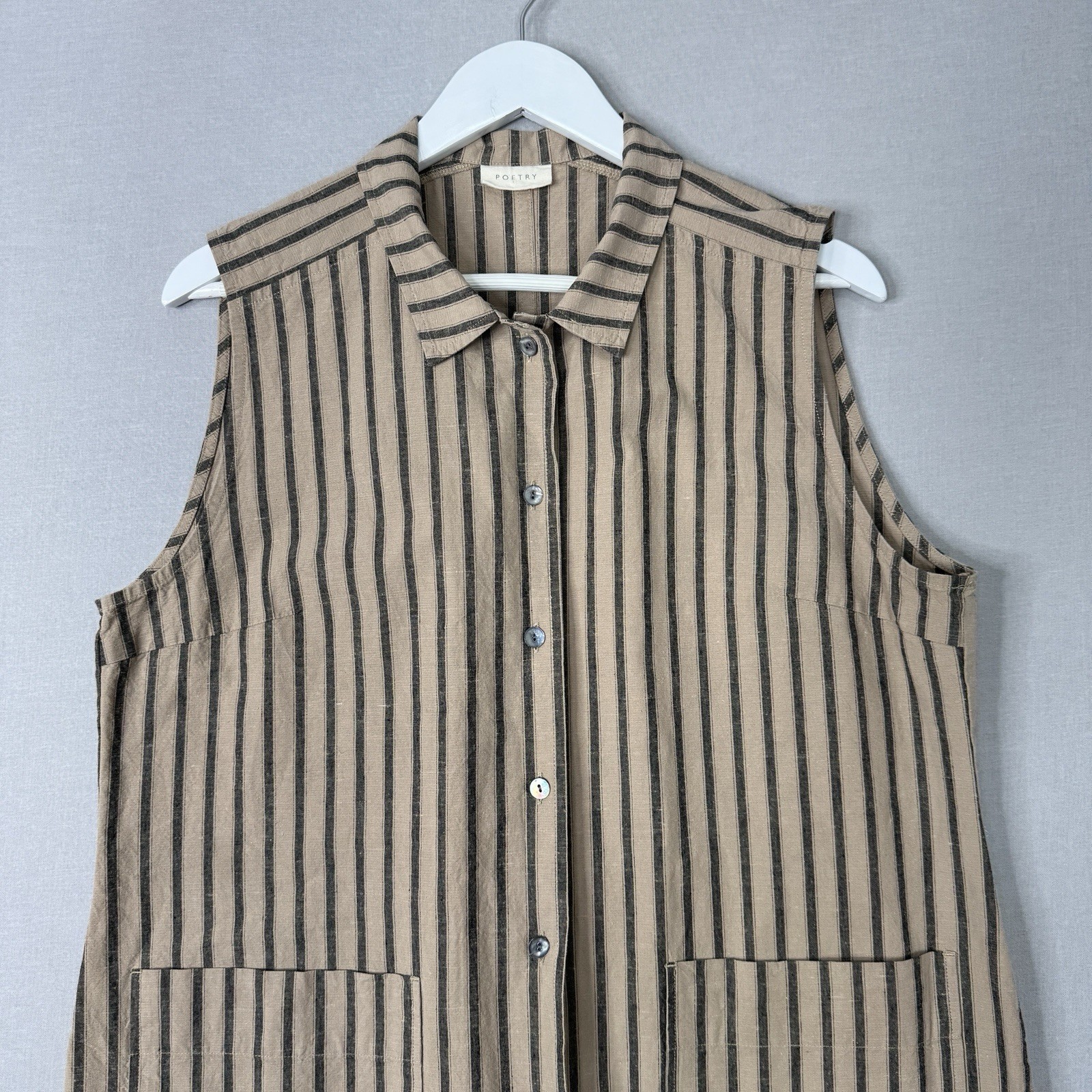 Poetry Linen Button Front Midi Dress Womens 12 Tan Striped Lagenlook Coastal image 2