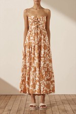 Shona Joy Dress Size AU 8 US 4 Vivienne Lace Up Backless Midi Print Linen Blend