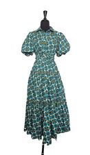 BROOKS AVE Banyan Street Puff Sleeve Dress Small Poppy Teal Pockets Button Front