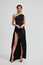 LEXI Samira Dress Black Stretch Satin Floor Length Thigh Split Size AU 8 BNWT