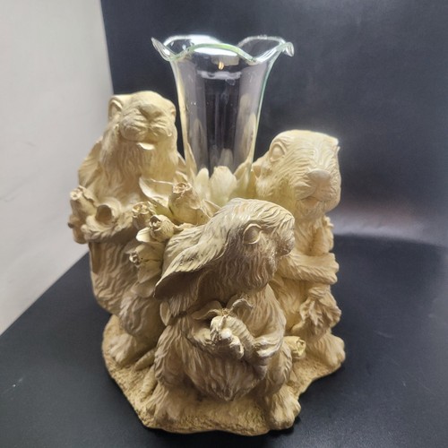 Statuina coniglietti primavera 3 conigli vetro e resina fiore bocciolo vaso vintage NOS - Foto 5 di 20
