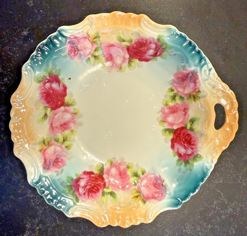 Antique Bavaria Porcelain Hand Painted Roses Plate w Handle Pastel Rim