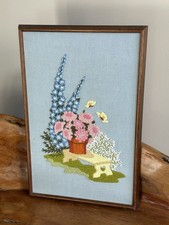 23  Art Handmade Crewel Embroidery Stitchery Flower Butterflies Framed 70-80's