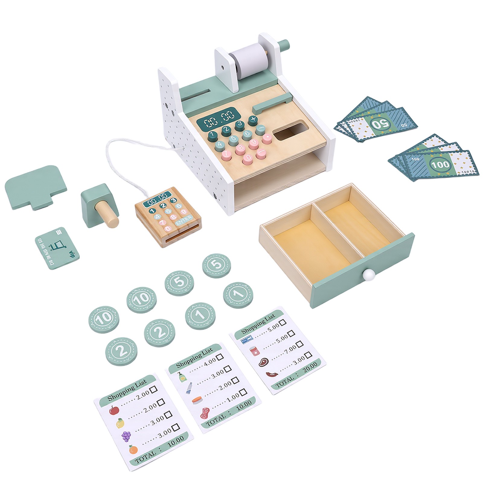 как выглядит Wooden Cash Register Toy for Kids, Play Money Scanner Set, Educational Role US фото