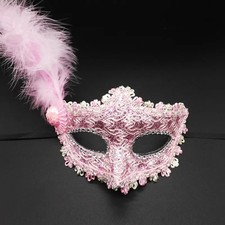 Masquerade Party Mask Venice Venetian Style with Feather Sequins in Light Pink